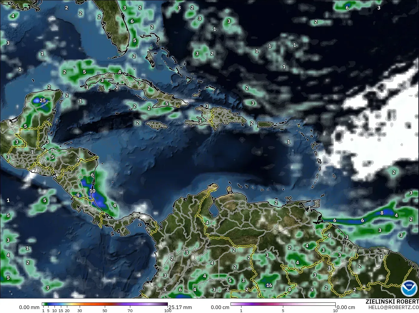 GFS modelo - Caribe, Precipitación, nubes y presión