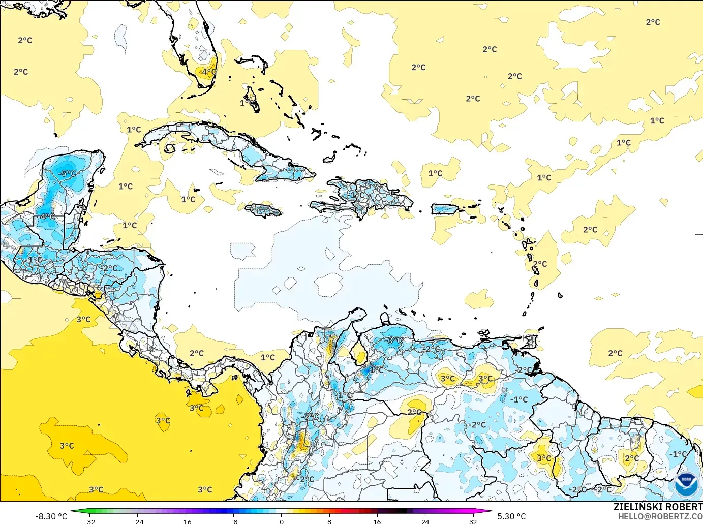 GFS modelo - Caribe, Anomalía de temperatura a 2 m