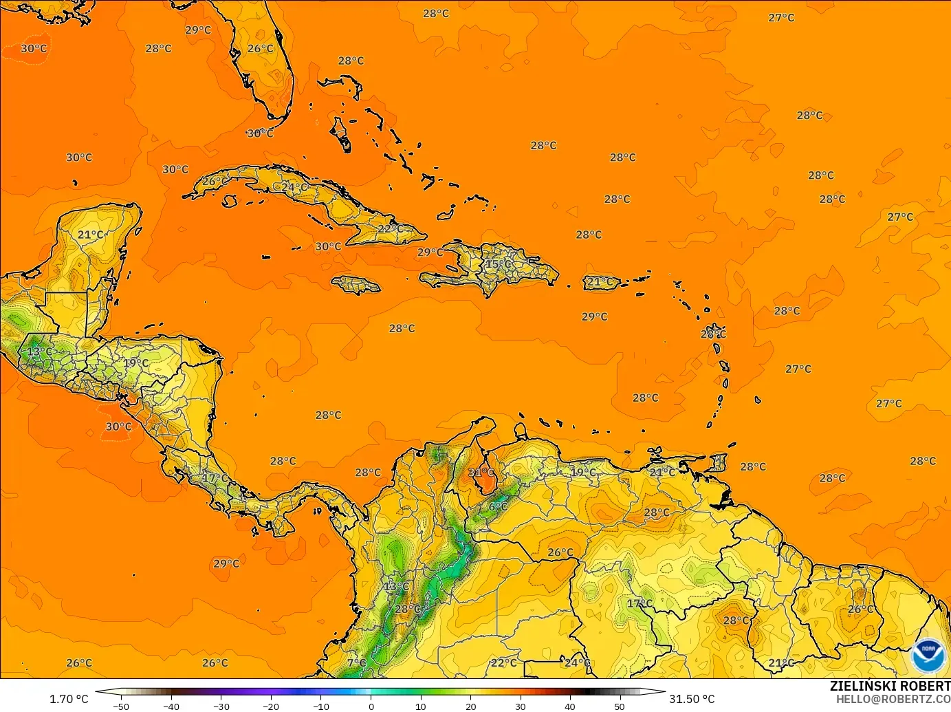 GFS modelo - Caribe, Temperatura a 2 m