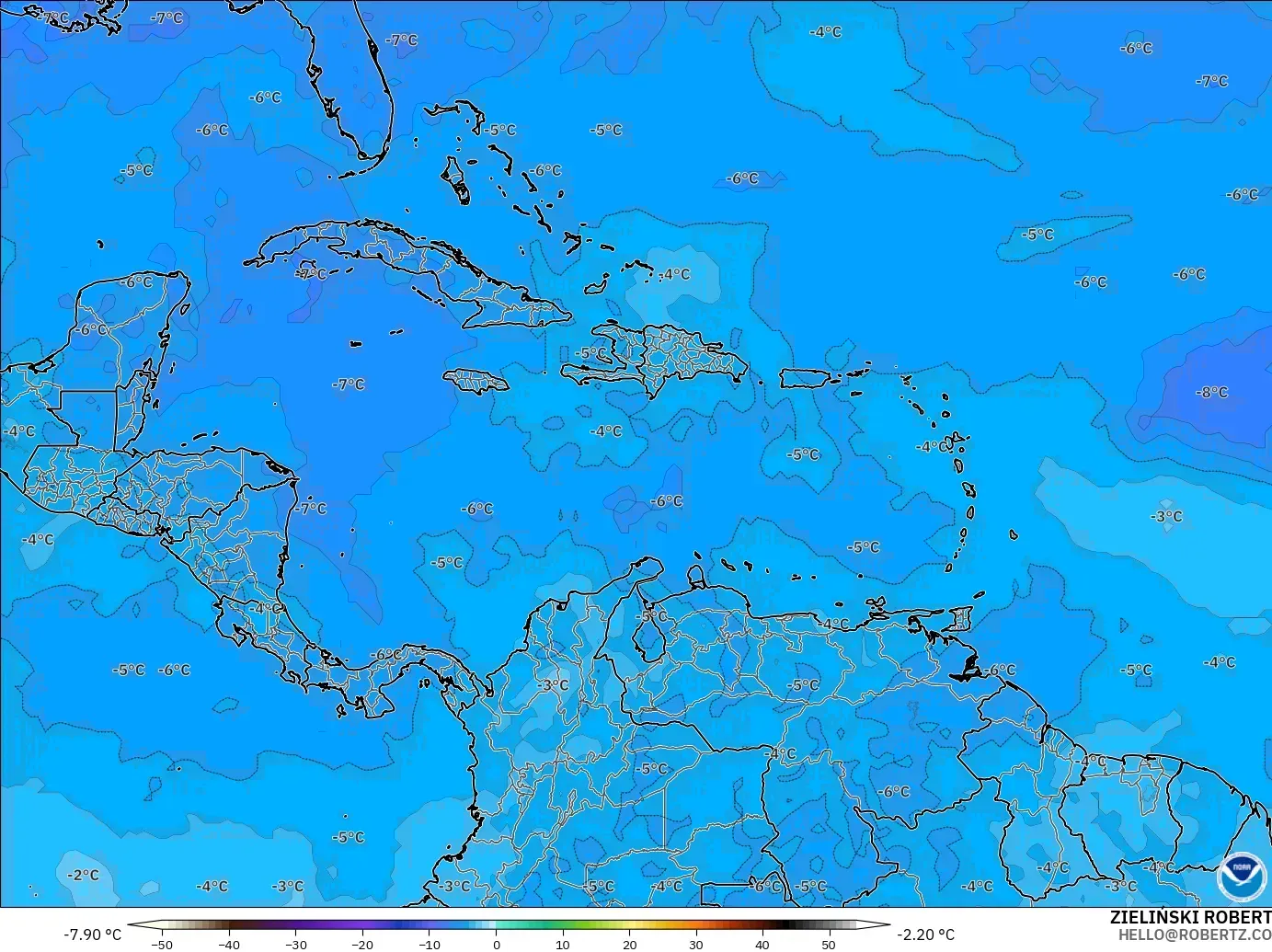 GFS modelo - Caribe, Temperatura a 500 hPa