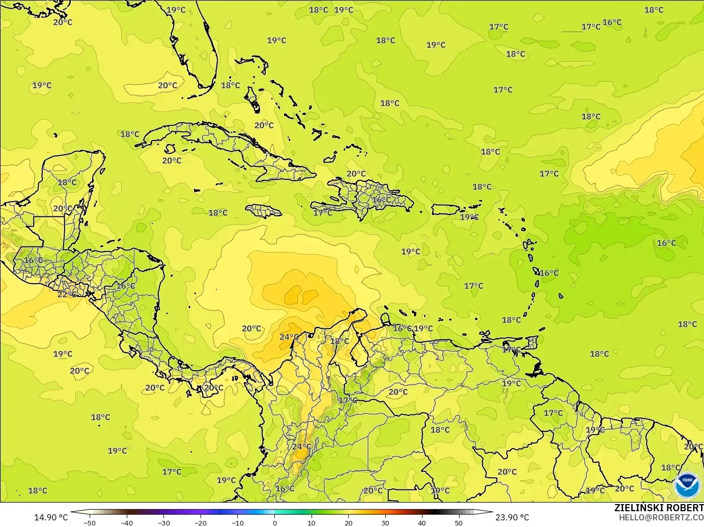 GFS modelo - Caribe, Temperatura a 850 hPa