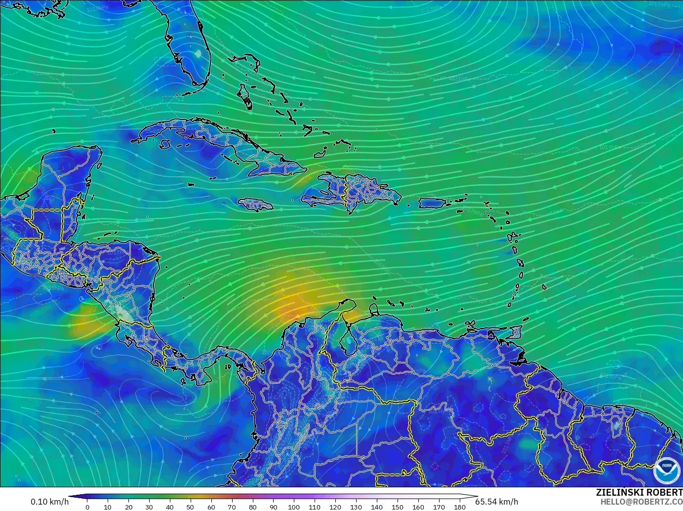 GFS modelo - Caribe, Viento a 10 m