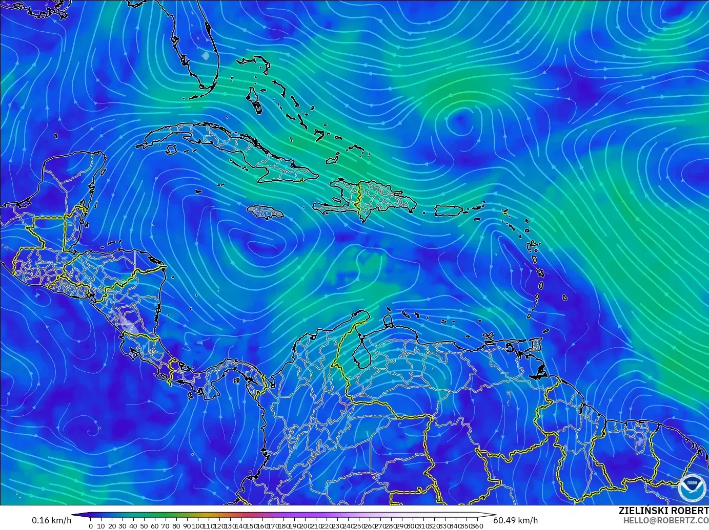 GFS modelo - Caribe, Viento a 300 hPa (corriente en chorro)