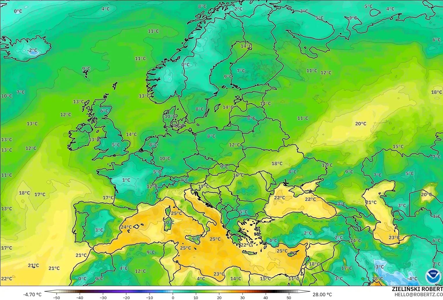 GFS modelo - Europa, Punto de rocío a 2 m