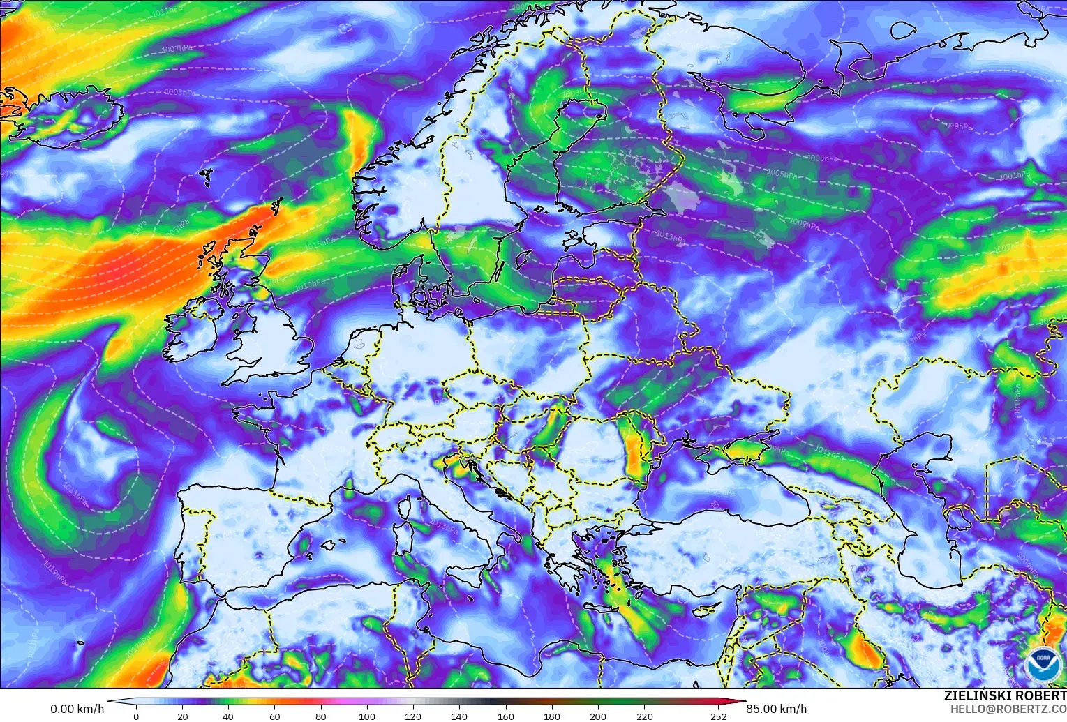 GFS modelo - Europa, Ráfagas de Viento Máximas