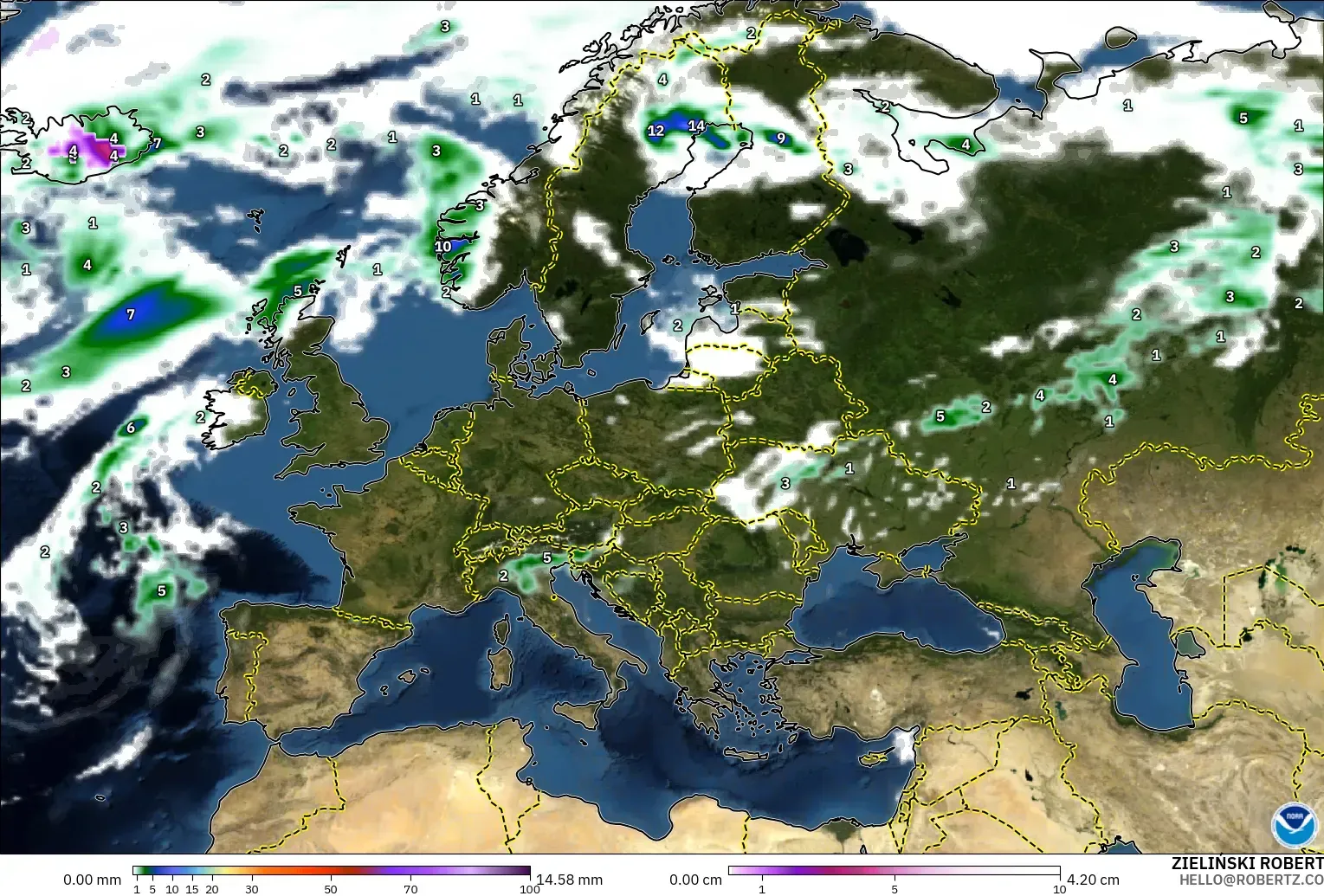 GFS modelo - Europa, Precipitación, nubes y presión