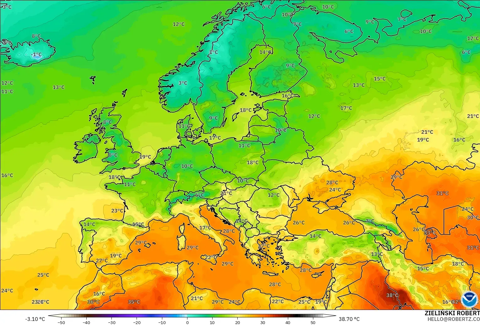 GFS modelo - Europa, Temperatura a 2 m