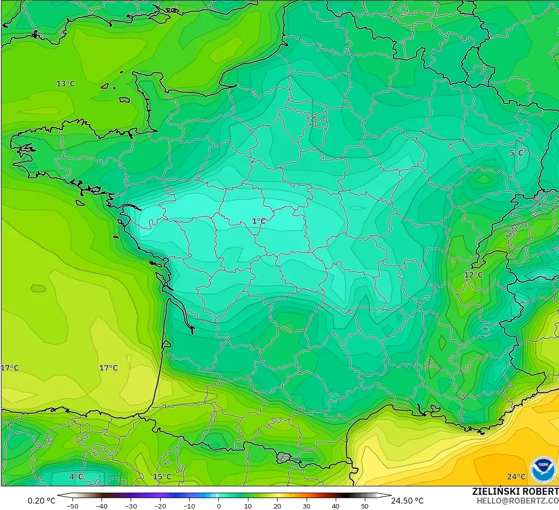 GFS modelo - Francia, Punto de rocío a 2 m