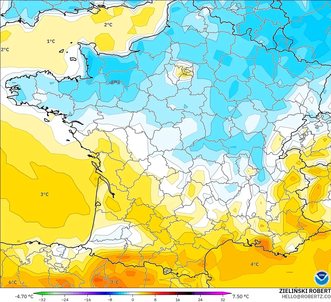 GFS modelo - Francia, Anomalía de temperatura a 2 m