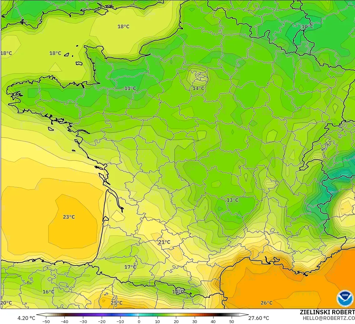 GFS modelo - Francia, Temperatura a 2 m