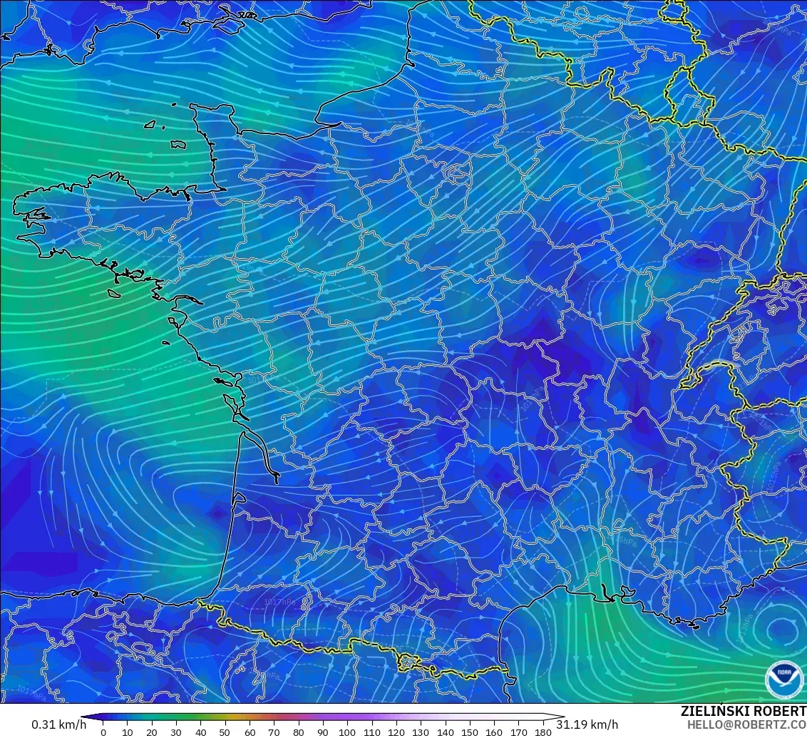 GFS modelo - Francia, Viento a 10 m
