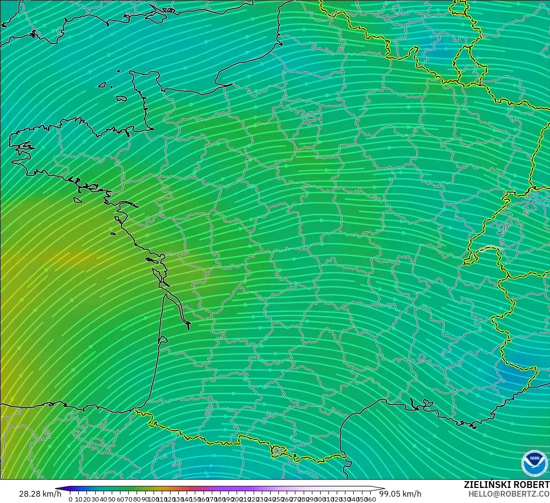 GFS modelo - Francia, Viento a 300 hPa (corriente en chorro)