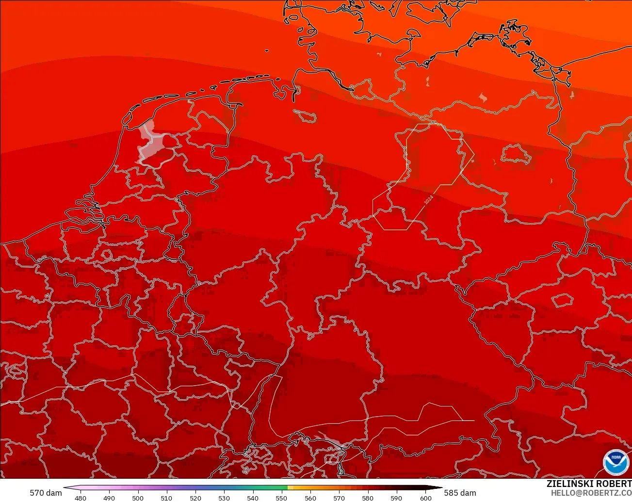 GFS modelo - Alemania, Altura geopotencial a 500 hPa