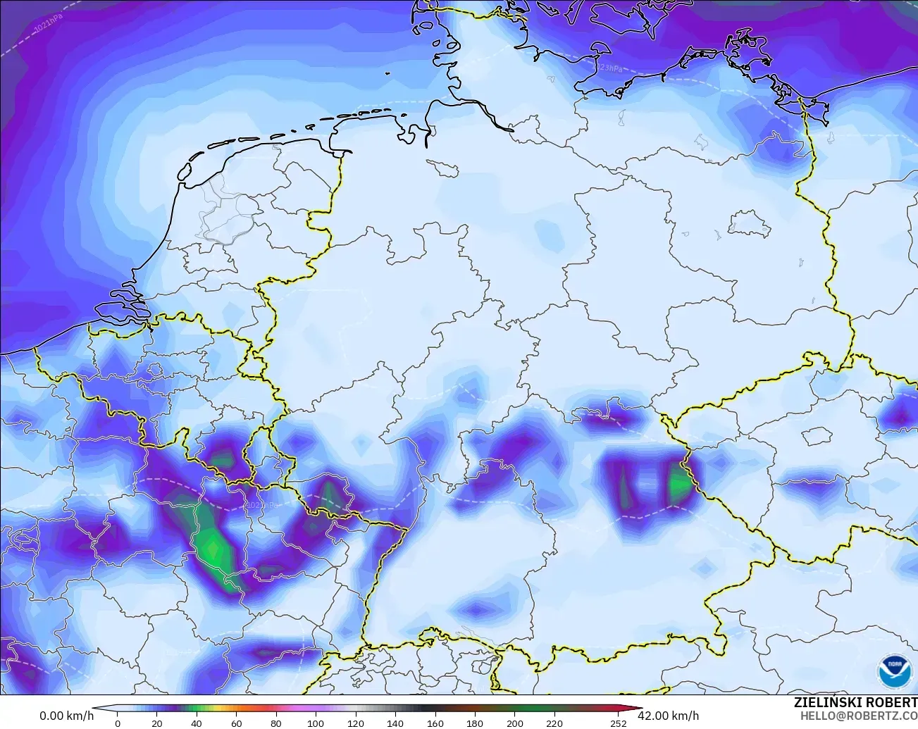 GFS modelo - Alemania, Ráfagas de Viento Máximas