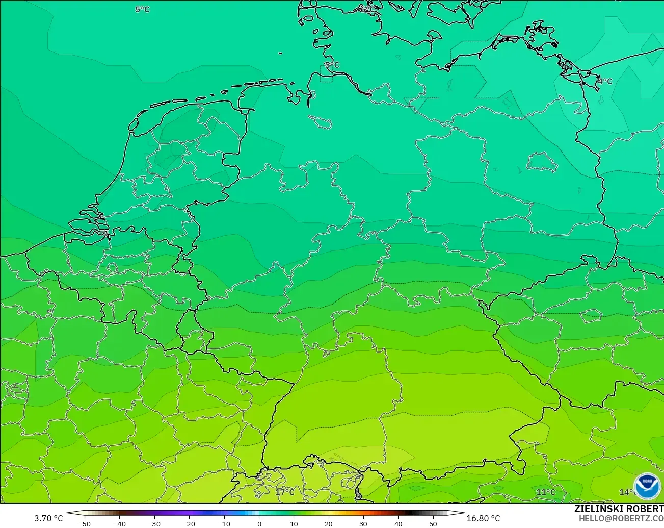 GFS modelo - Alemania, Temperatura a 850 hPa