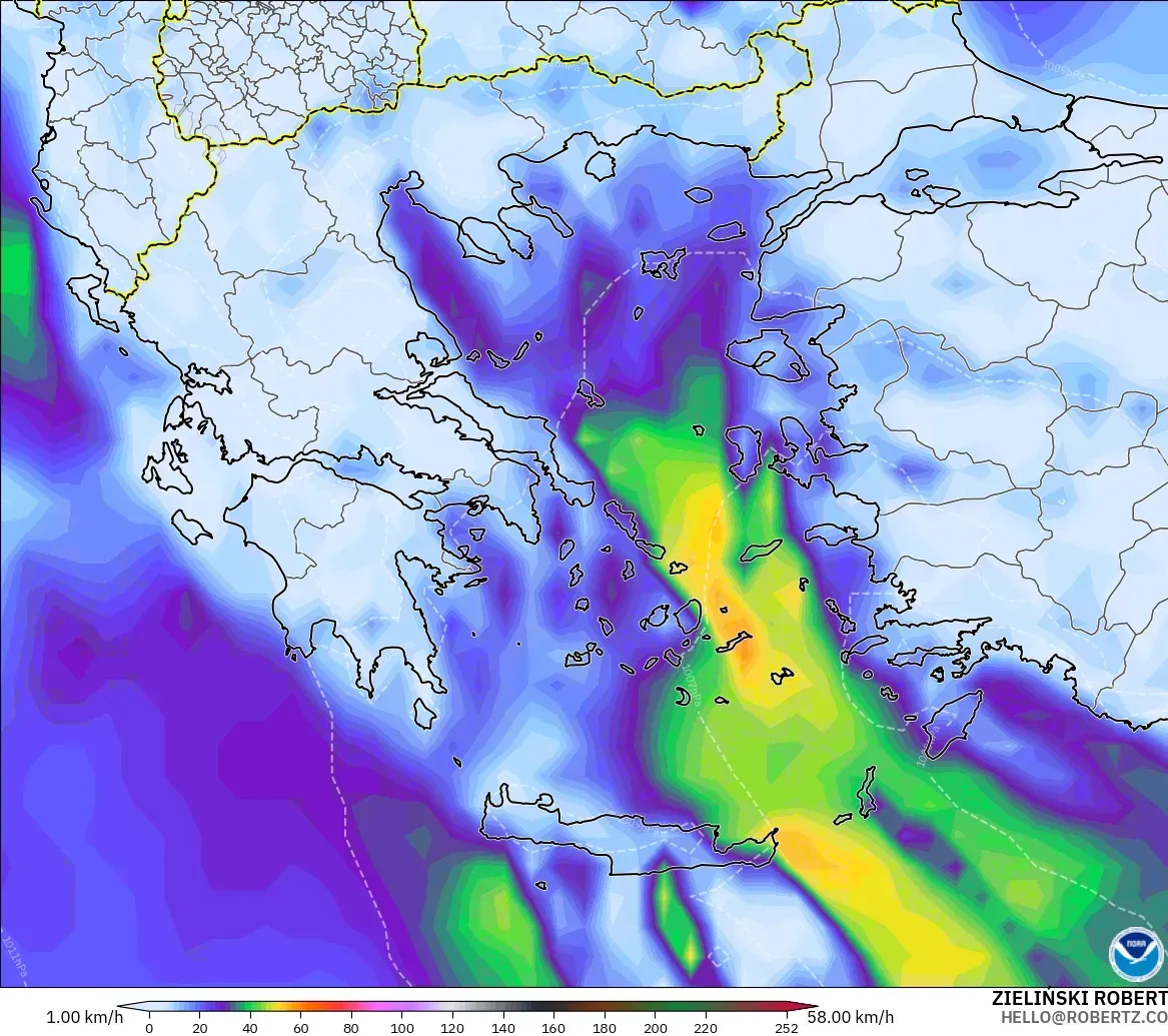 GFS modelo - Grecia, Ráfagas de Viento Máximas