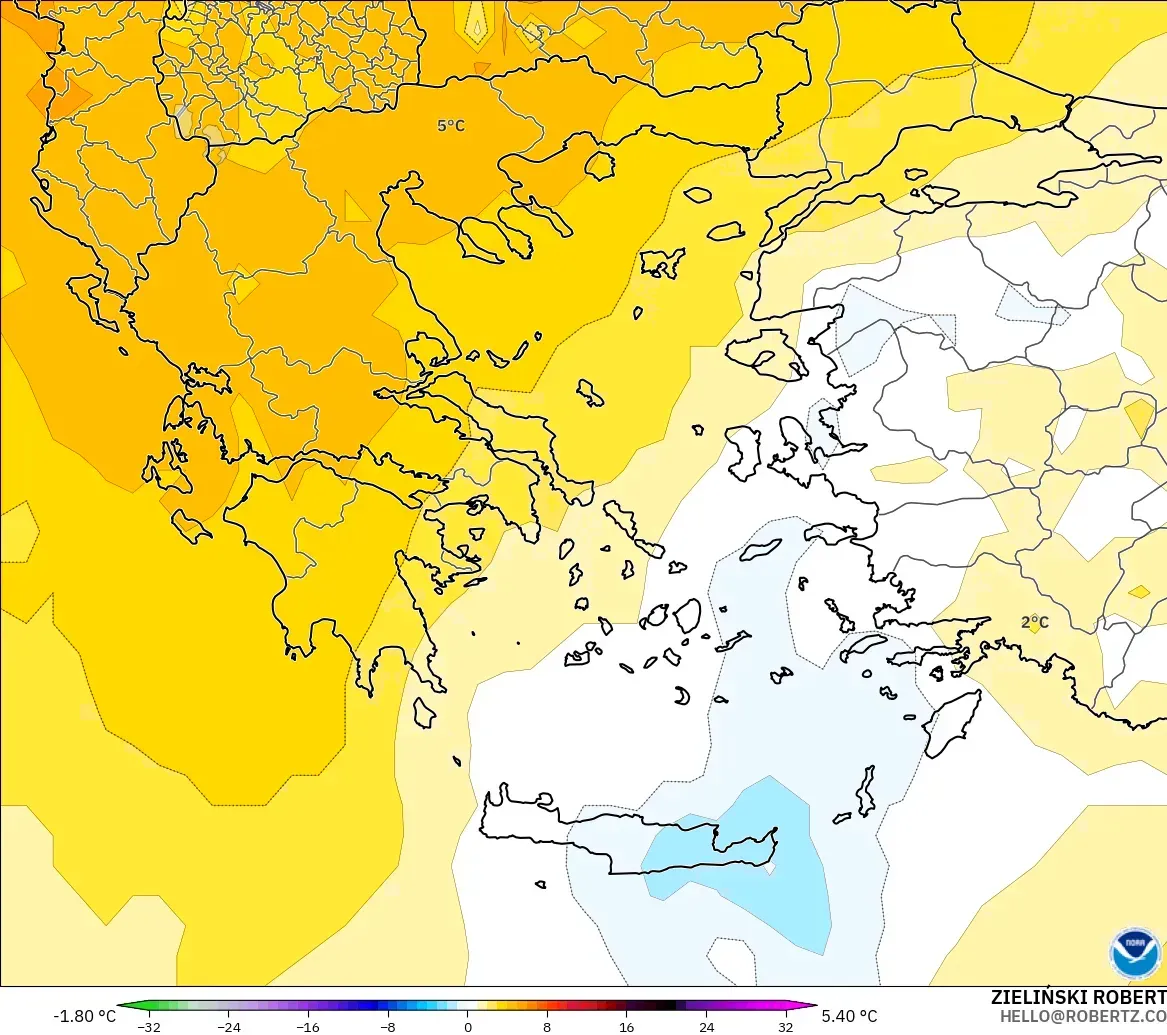 GFS modelo - Grecia, Anomalía de temperatura a 850 hPa
