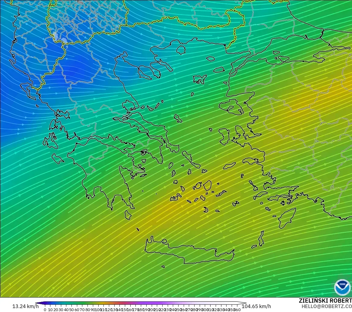GFS modelo - Grecia, Viento a 300 hPa (corriente en chorro)