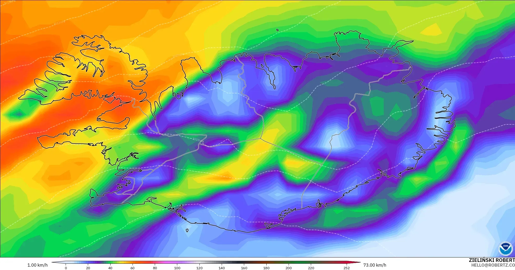 GFS modelo - Islandia, Ráfagas de Viento Máximas
