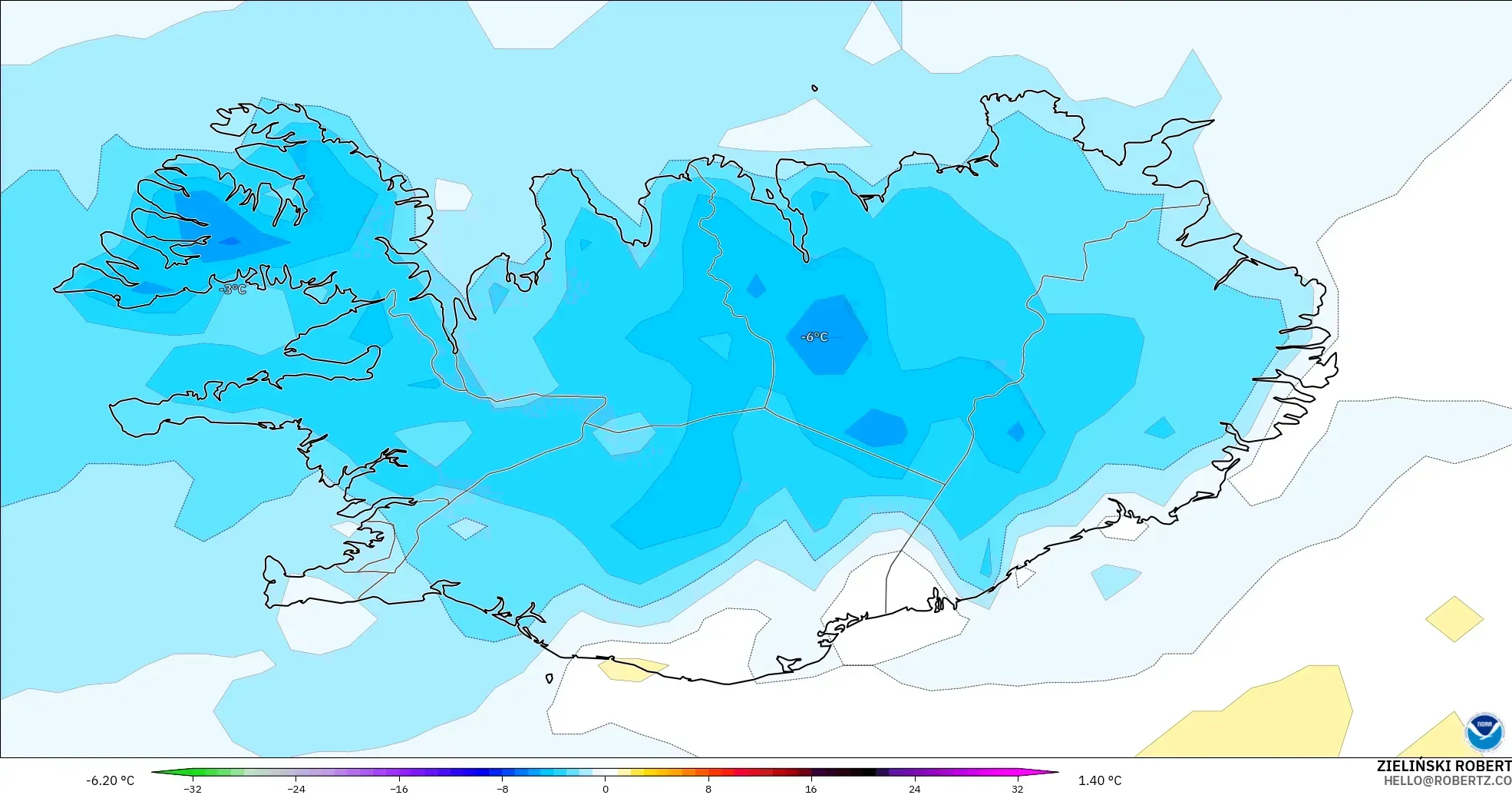 GFS modelo - Islandia, Anomalía de temperatura a 2 m