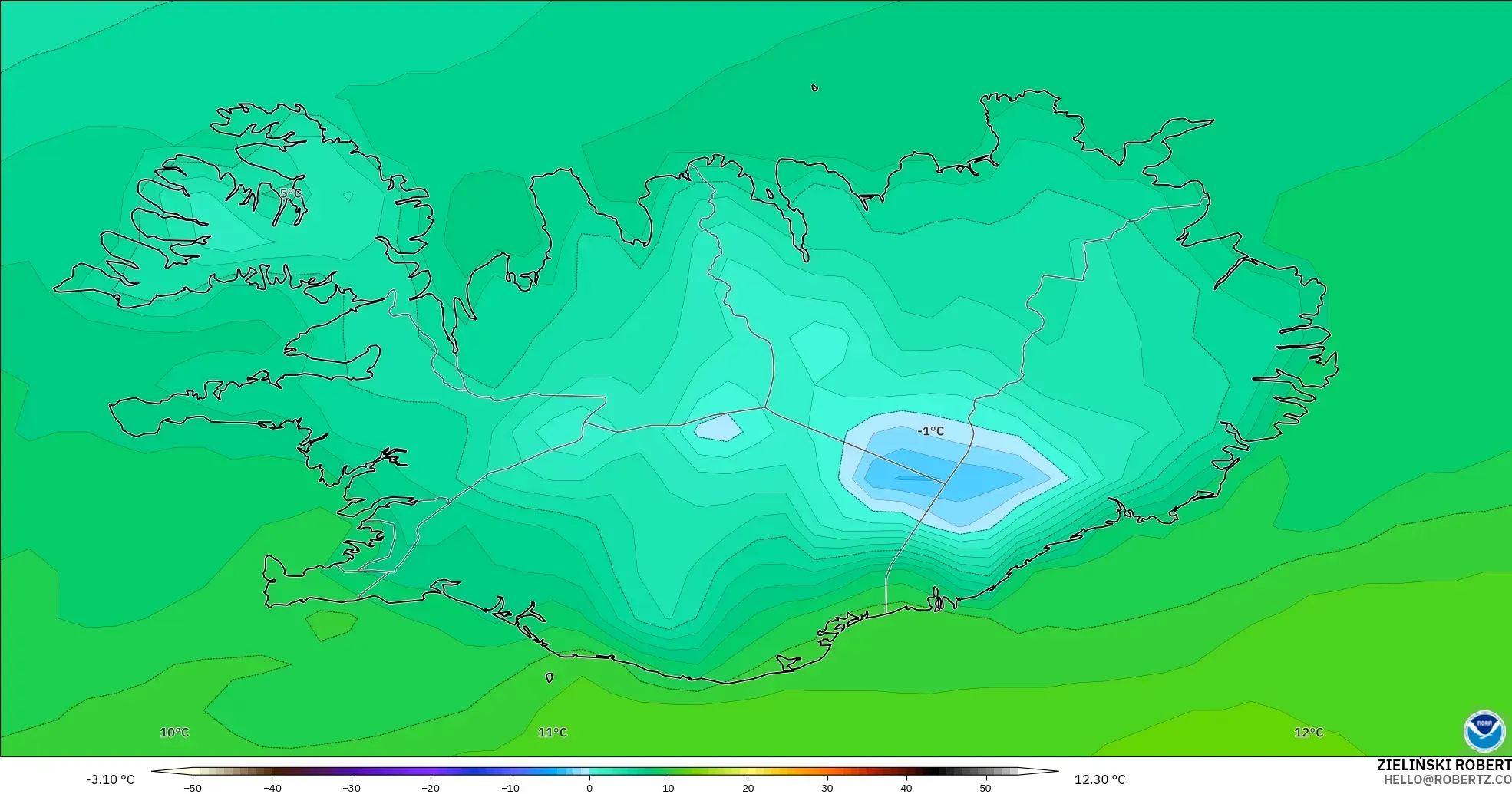 GFS modelo - Islandia, Temperatura a 2 m