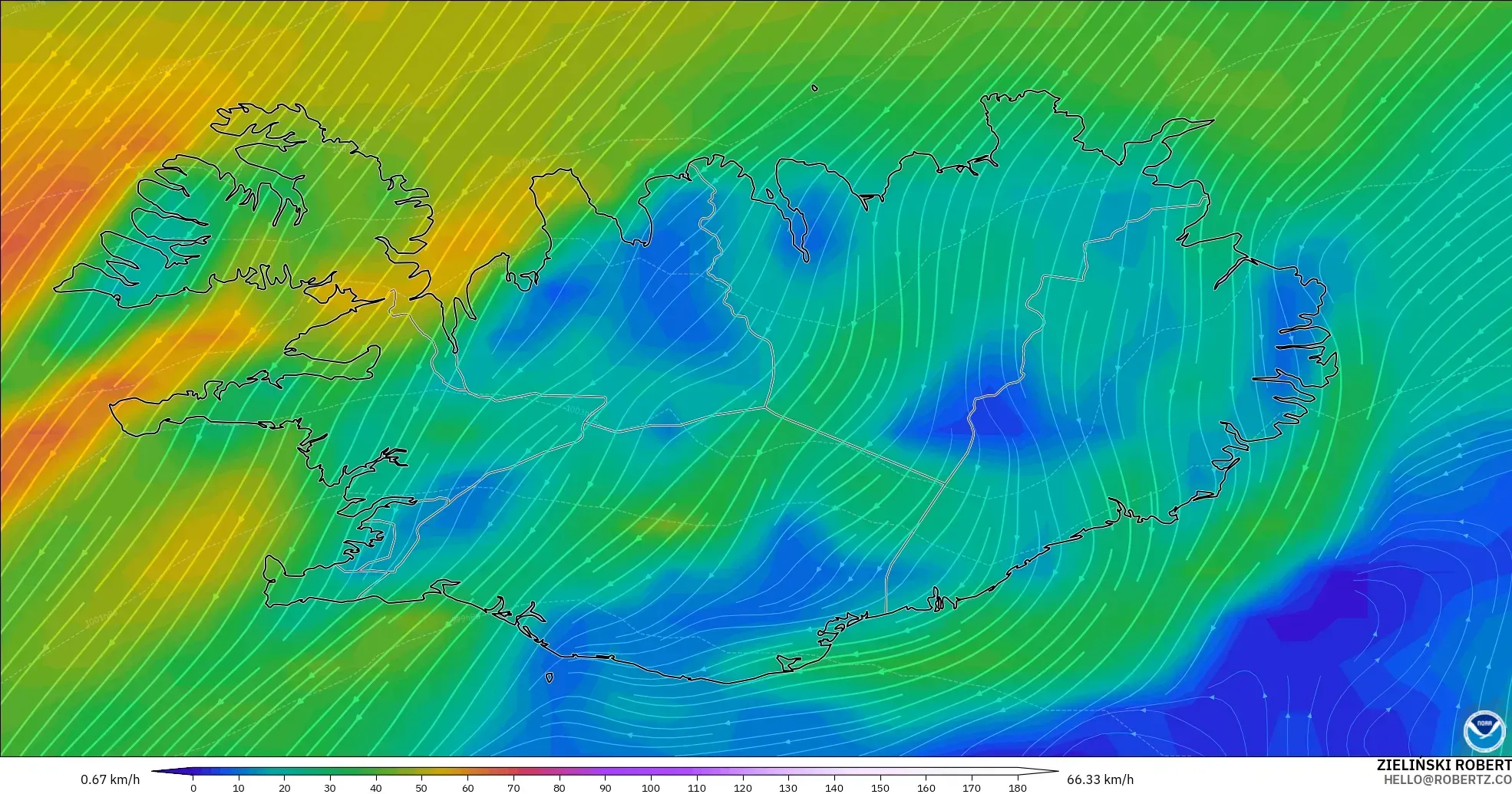 GFS modelo - Islandia, Viento a 10 m