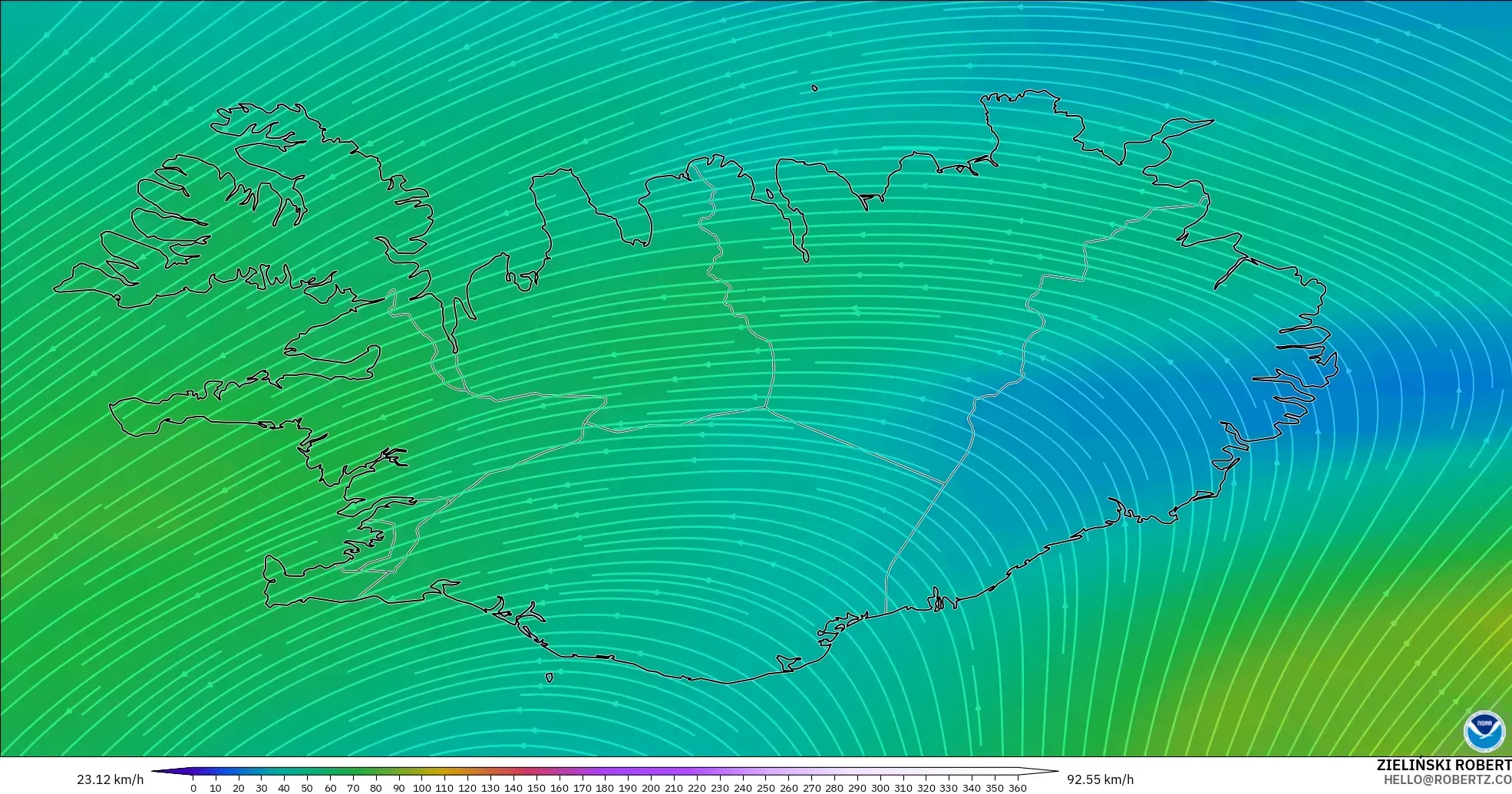 GFS modelo - Islandia, Viento a 300 hPa (corriente en chorro)