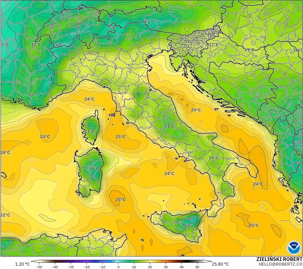 GFS modelo - Italia, Punto de rocío a 2 m