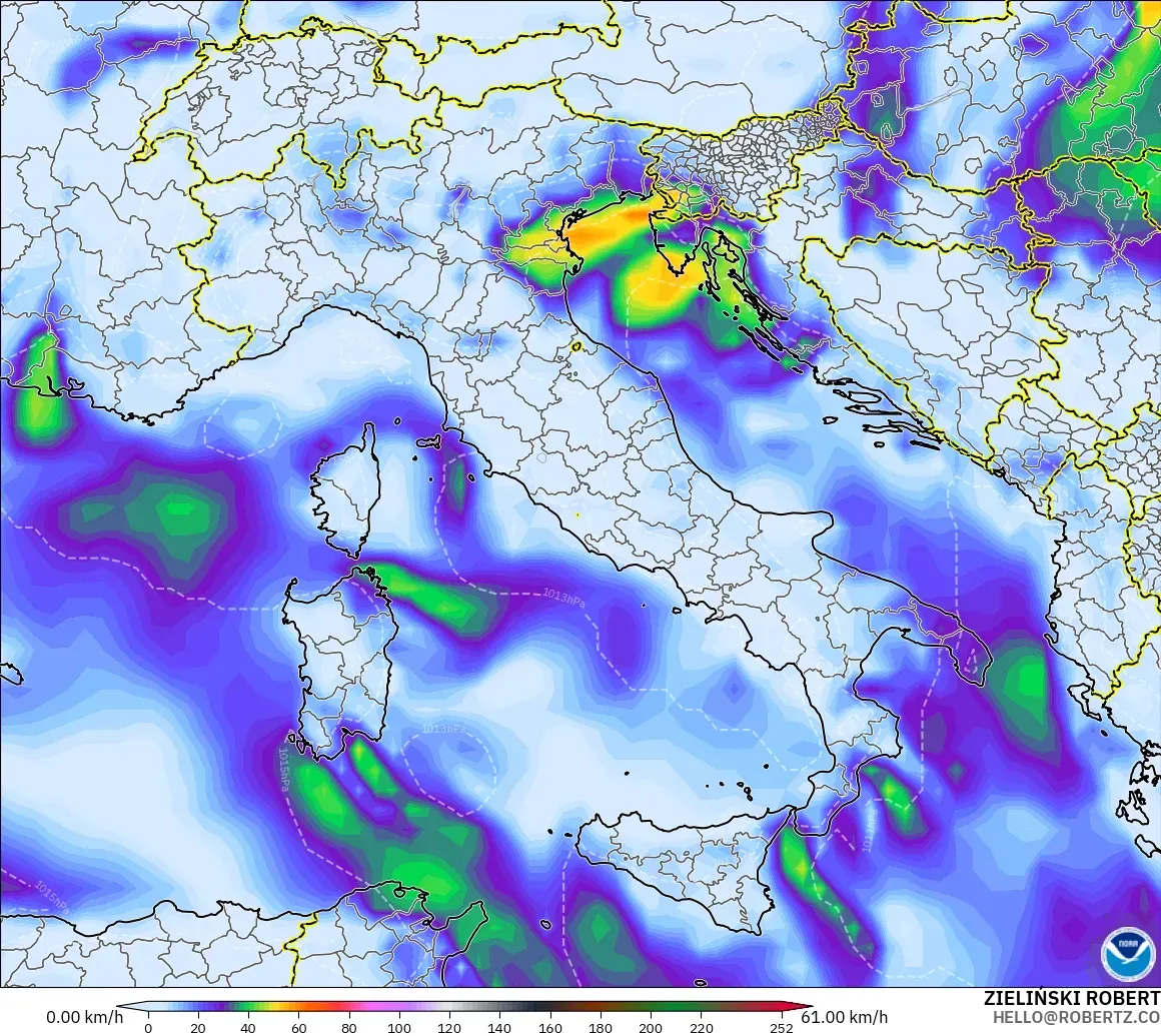 GFS modelo - Italia, Ráfagas de Viento Máximas