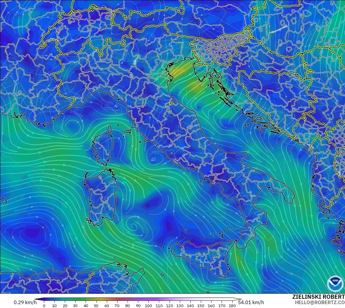GFS modelo - Italia, Viento a 10 m
