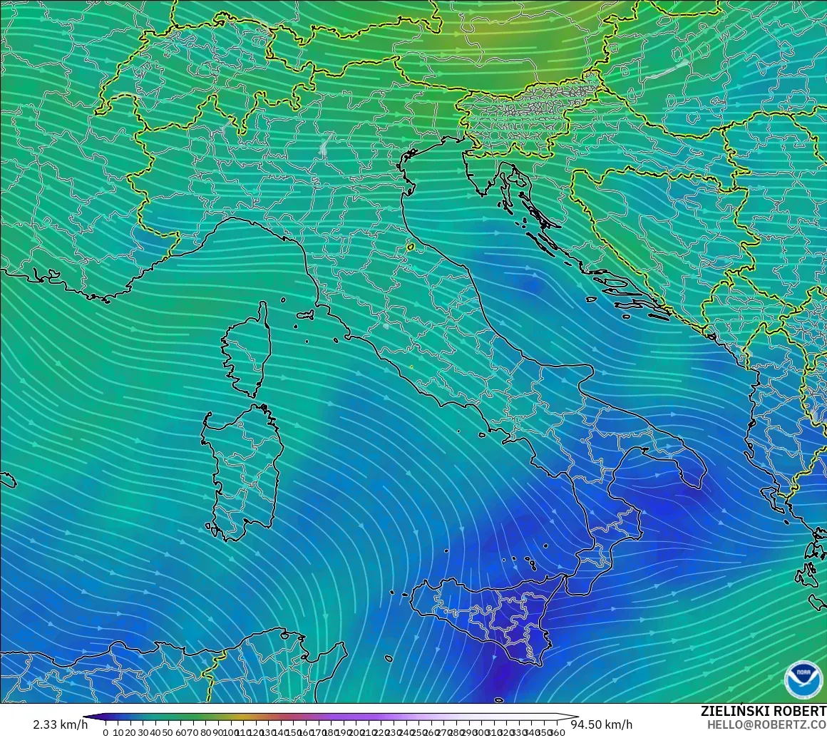 GFS modelo - Italia, Viento a 300 hPa (corriente en chorro)