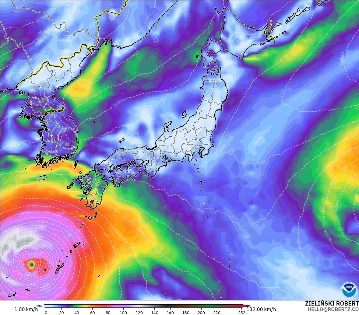 GFS modelo - Japón, Ráfagas de Viento Máximas