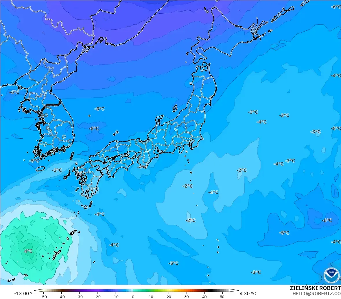 GFS modelo - Japón, Temperatura a 500 hPa