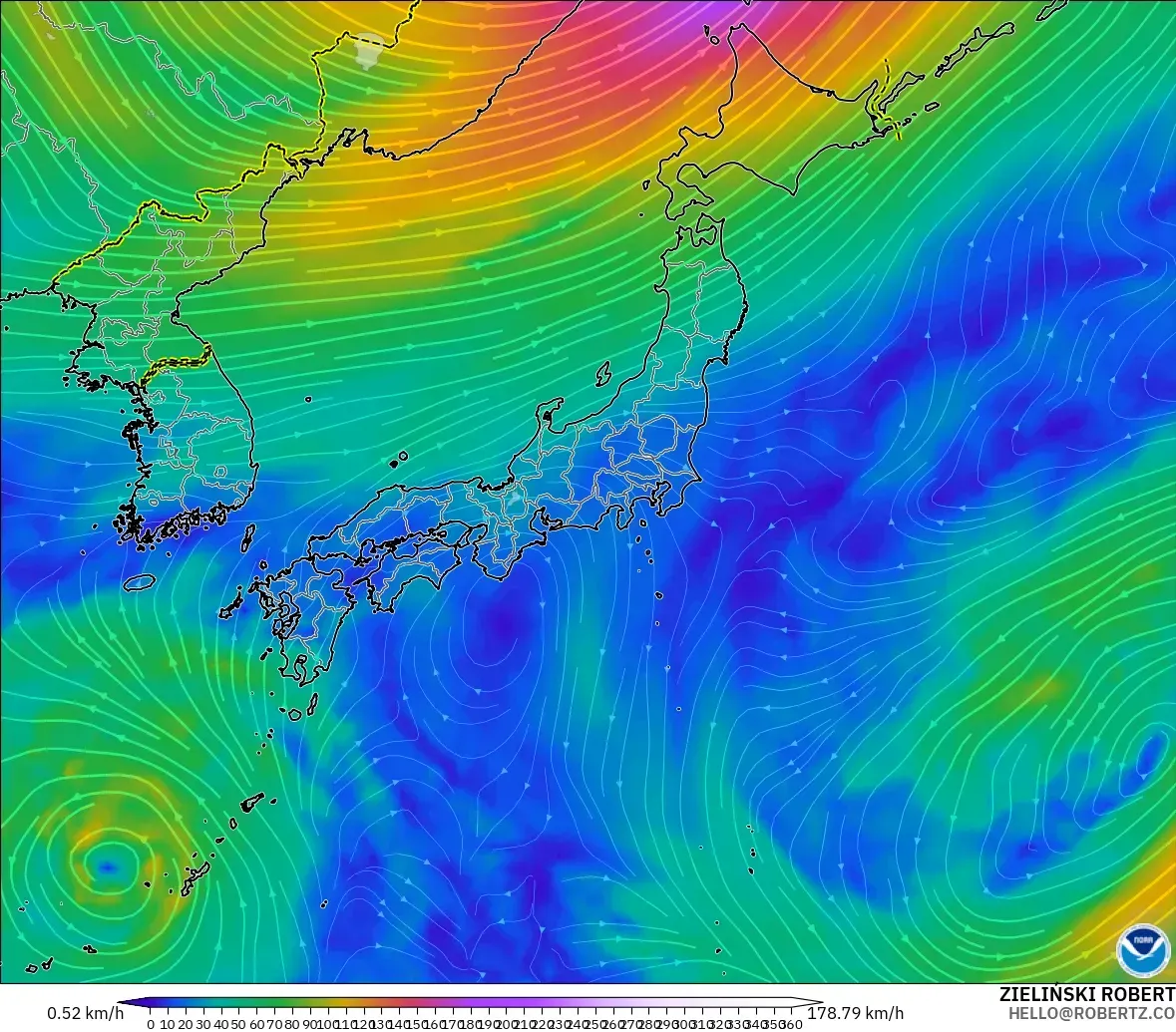 GFS modelo - Japón, Viento a 300 hPa (corriente en chorro)