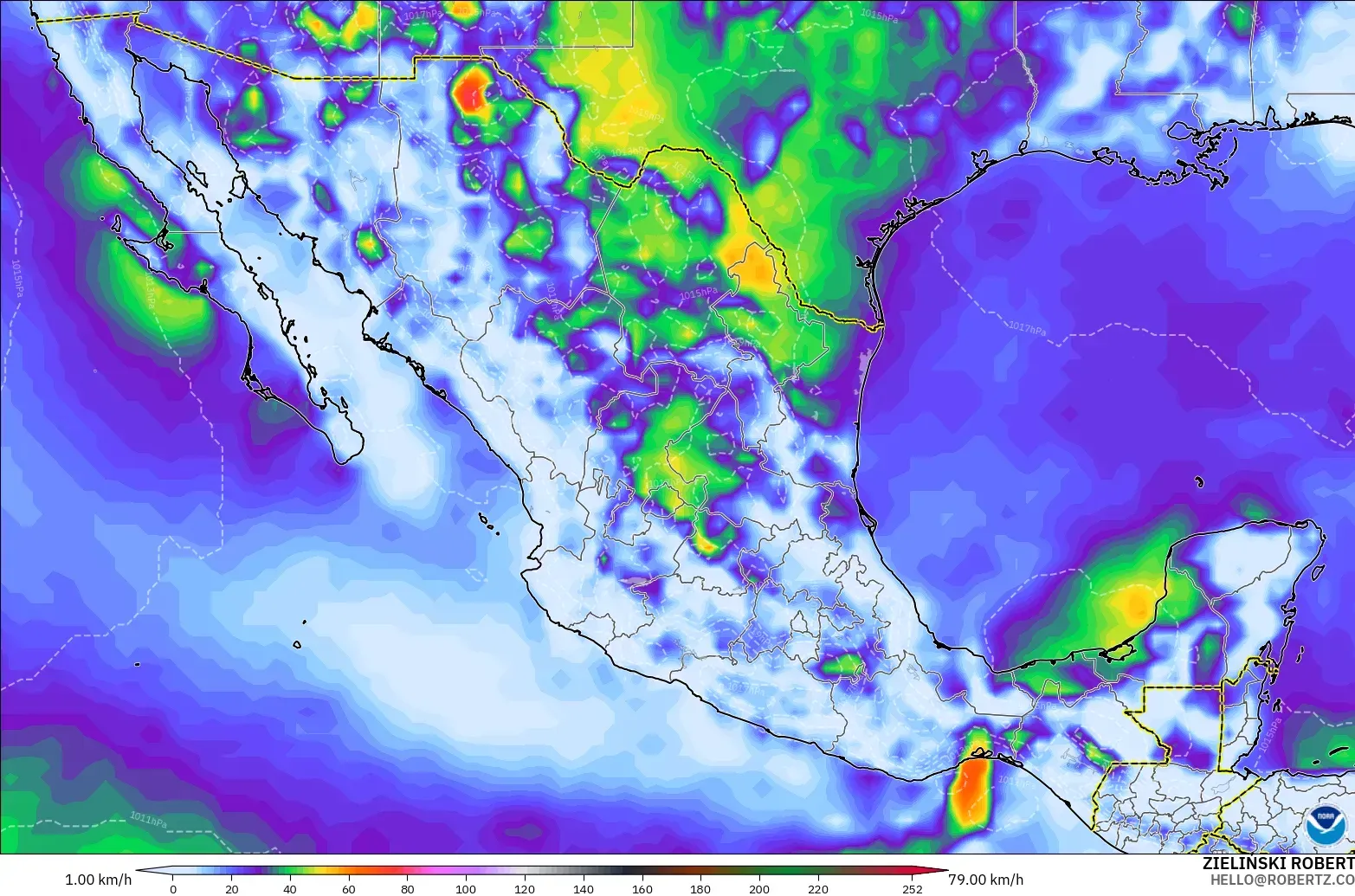 GFS modelo - México, Ráfagas de Viento Máximas