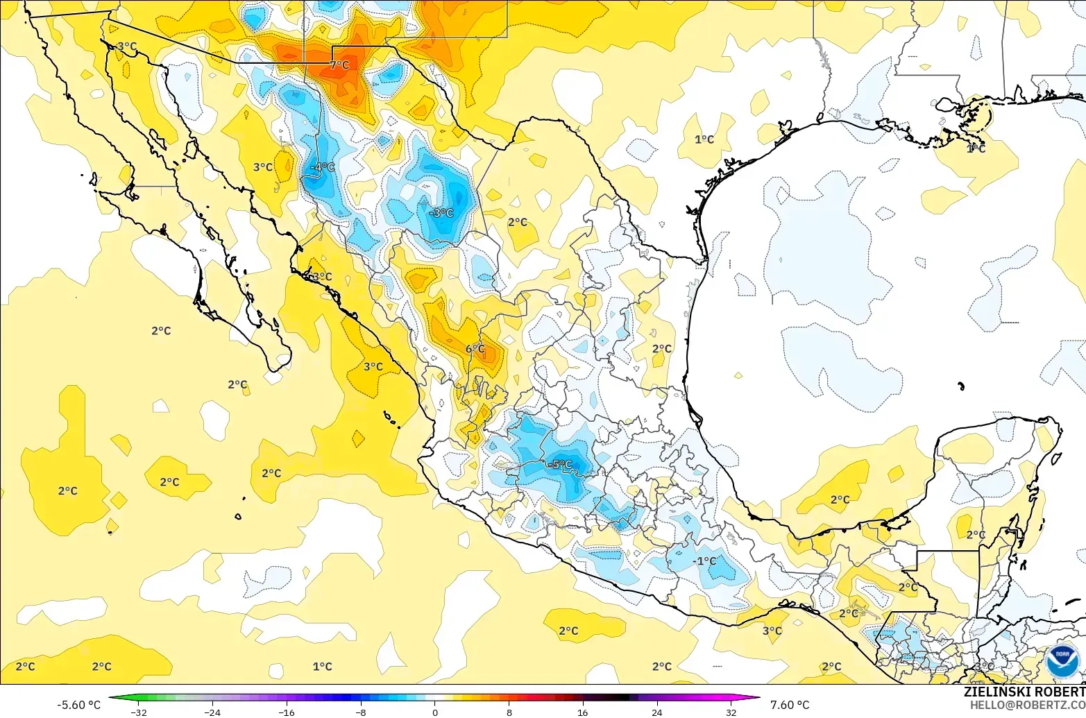GFS modelo - México, Anomalía de temperatura a 850 hPa