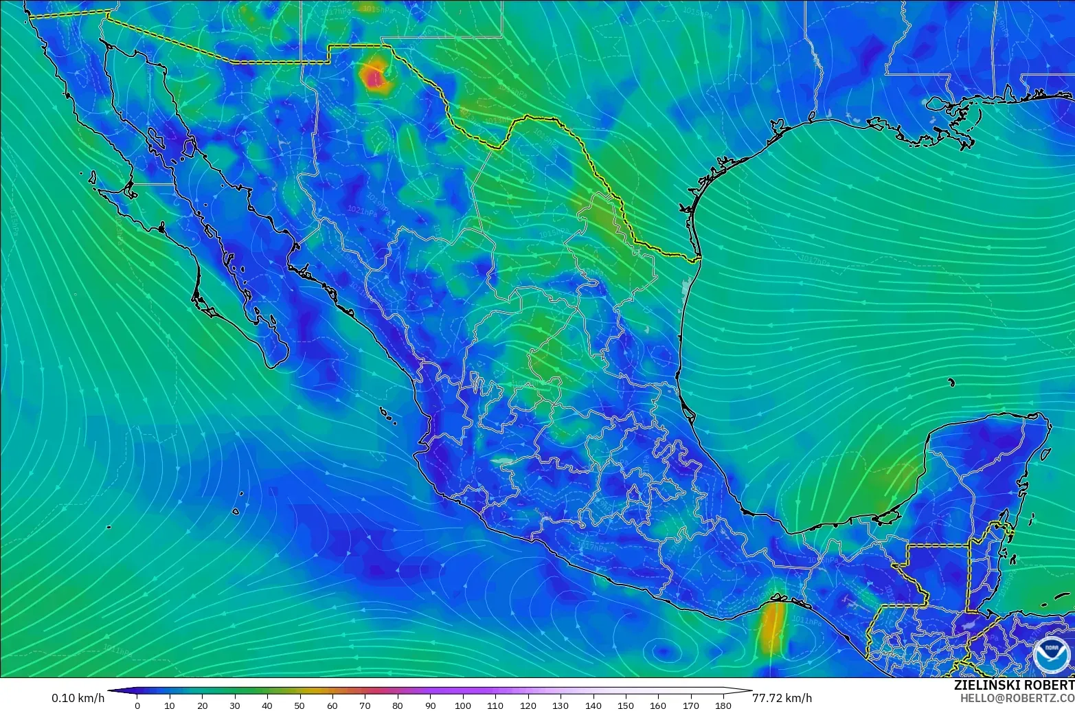 GFS modelo - México, Viento a 10 m