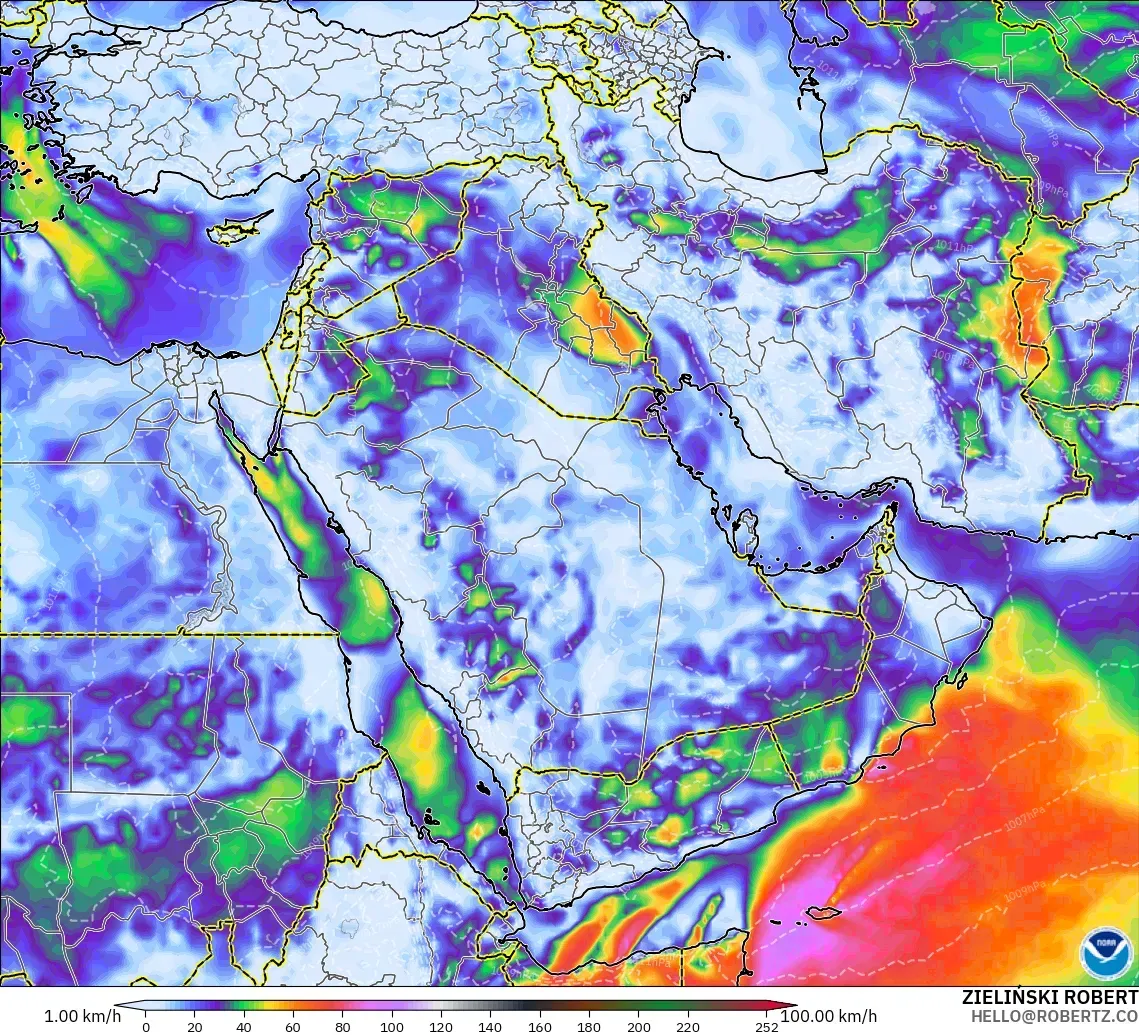GFS modelo - Oriente Medio, Ráfagas de Viento Máximas