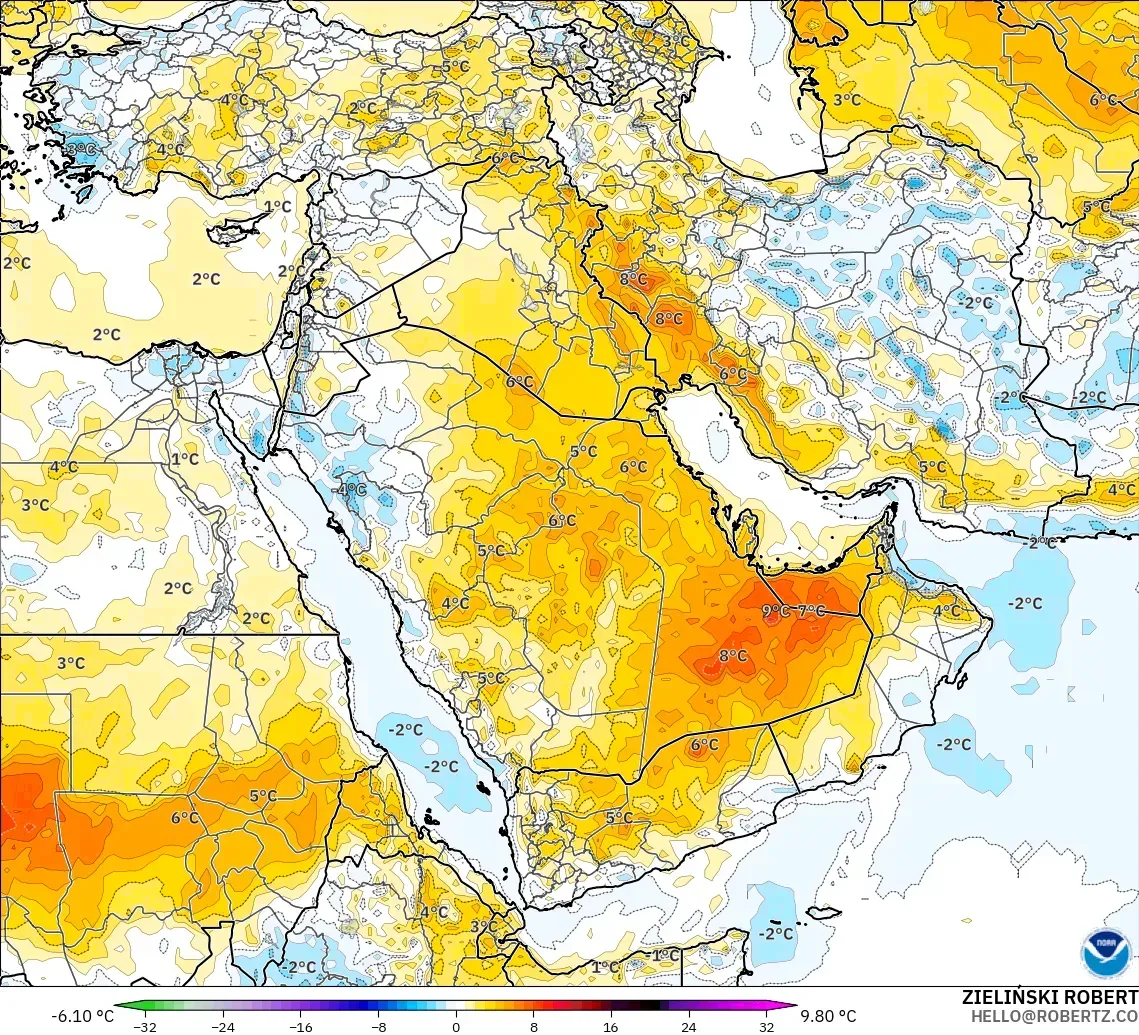 GFS modelo - Oriente Medio, Anomalía de temperatura a 2 m