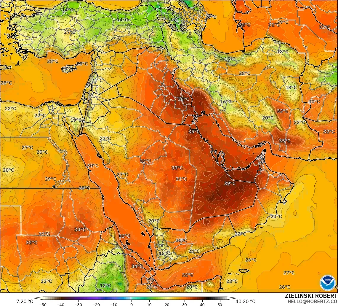 GFS modelo - Oriente Medio, Temperatura a 2 m