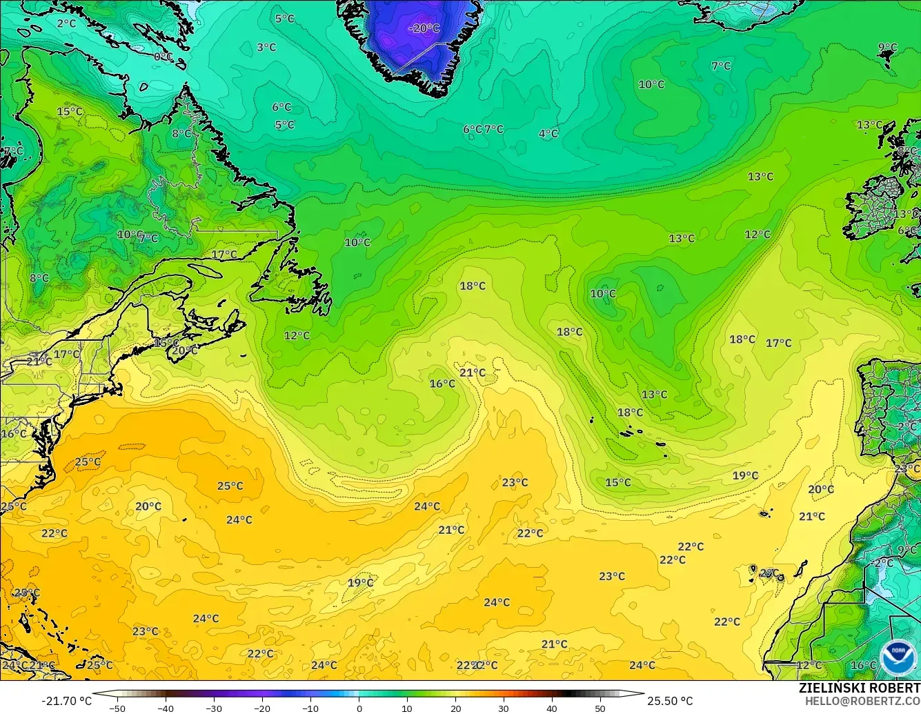 GFS modelo - Norte Atlántico, Punto de rocío a 2 m