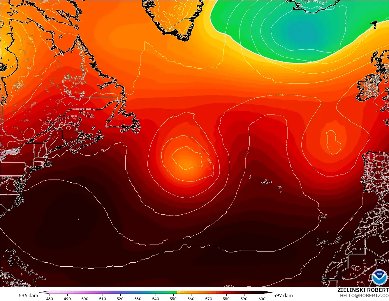 GFS modelo - Norte Atlántico, Altura geopotencial a 500 hPa