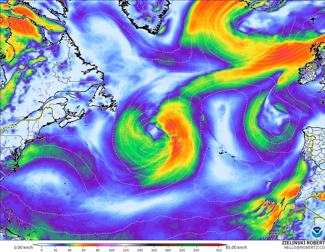 GFS modelo - Norte Atlántico, Ráfagas de viento