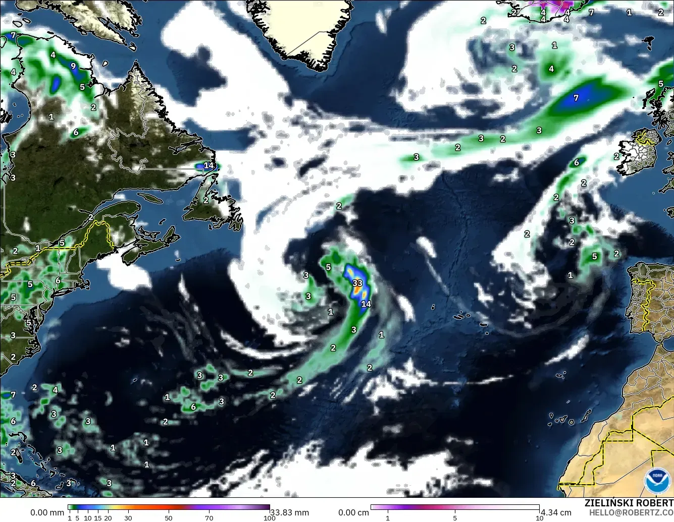 GFS modelo - Norte Atlántico, Precipitación, nubes y presión