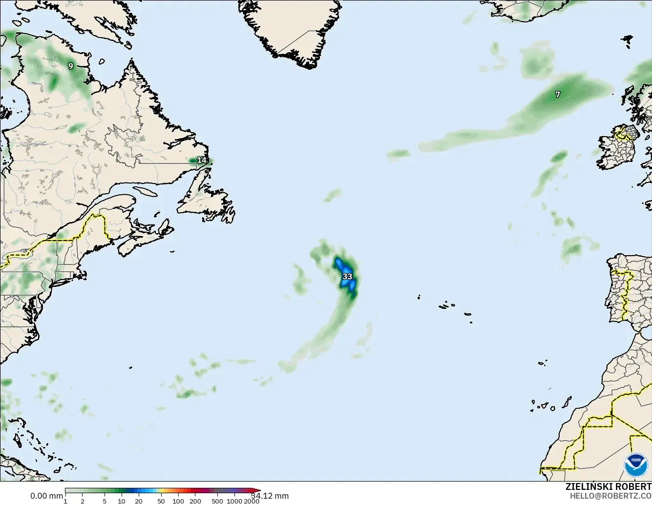 GFS modelo - Norte Atlántico, Acumulación de precipitación