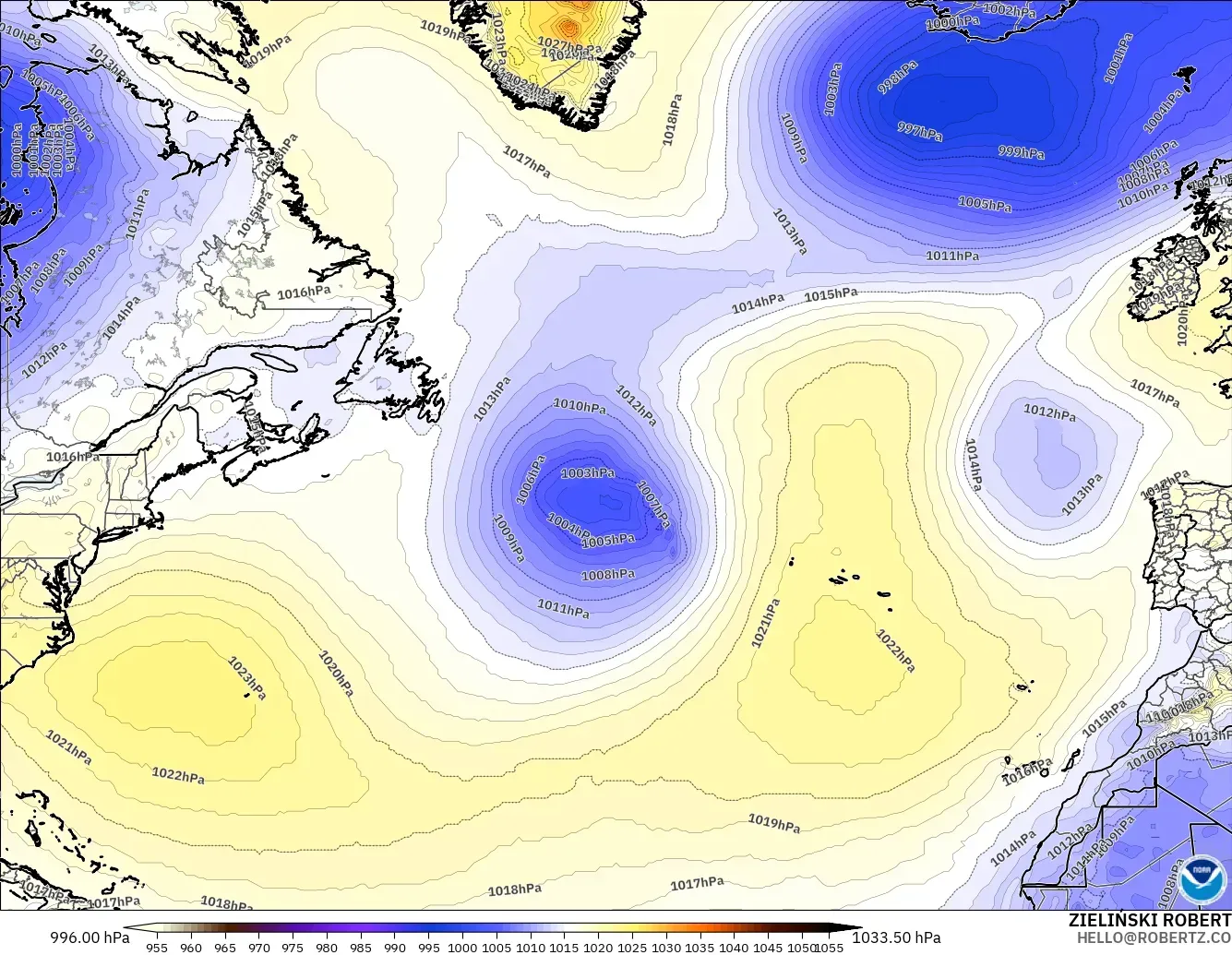 GFS modelo - Norte Atlántico, Presión