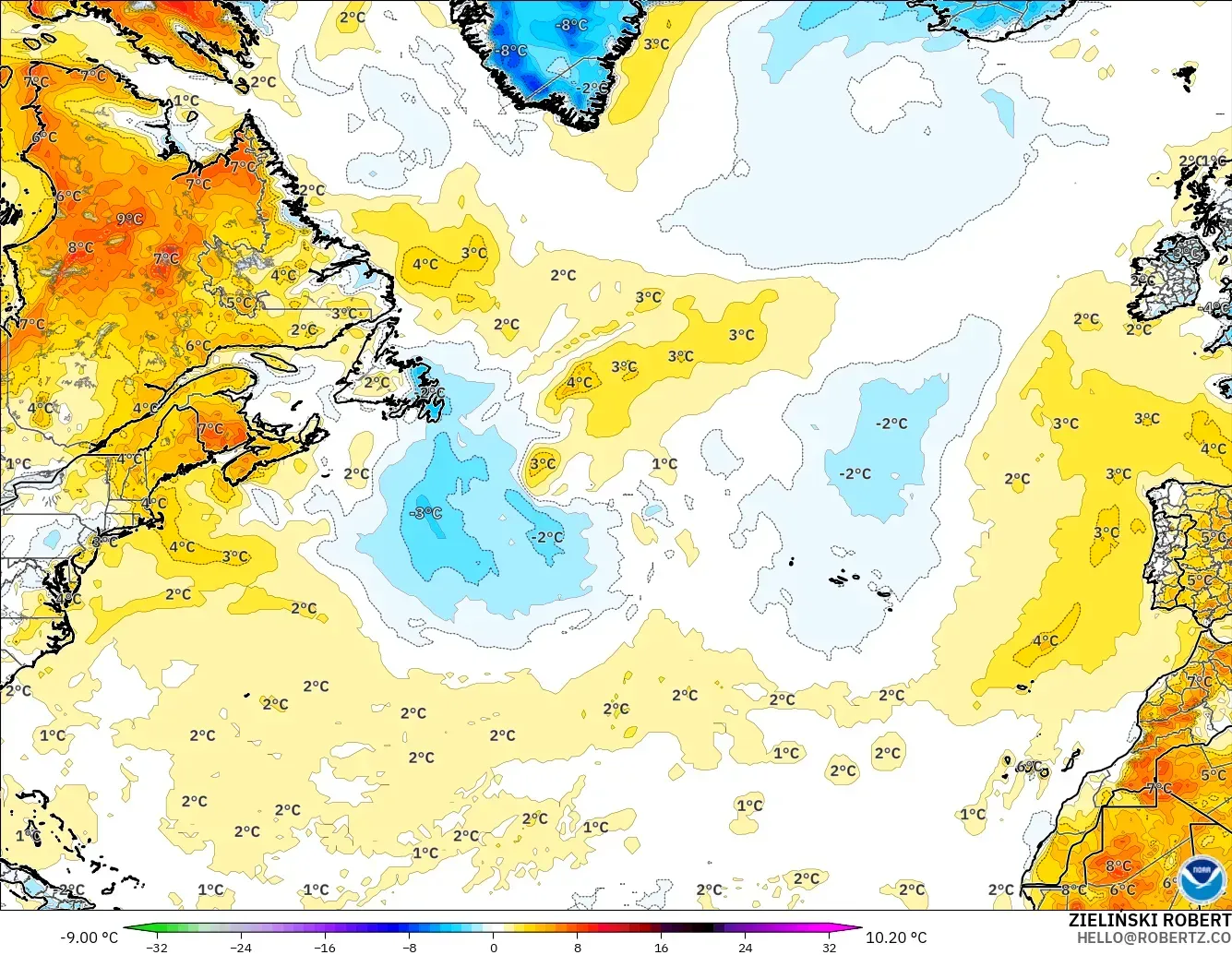 GFS modelo - Norte Atlántico, Anomalía de temperatura a 2 m