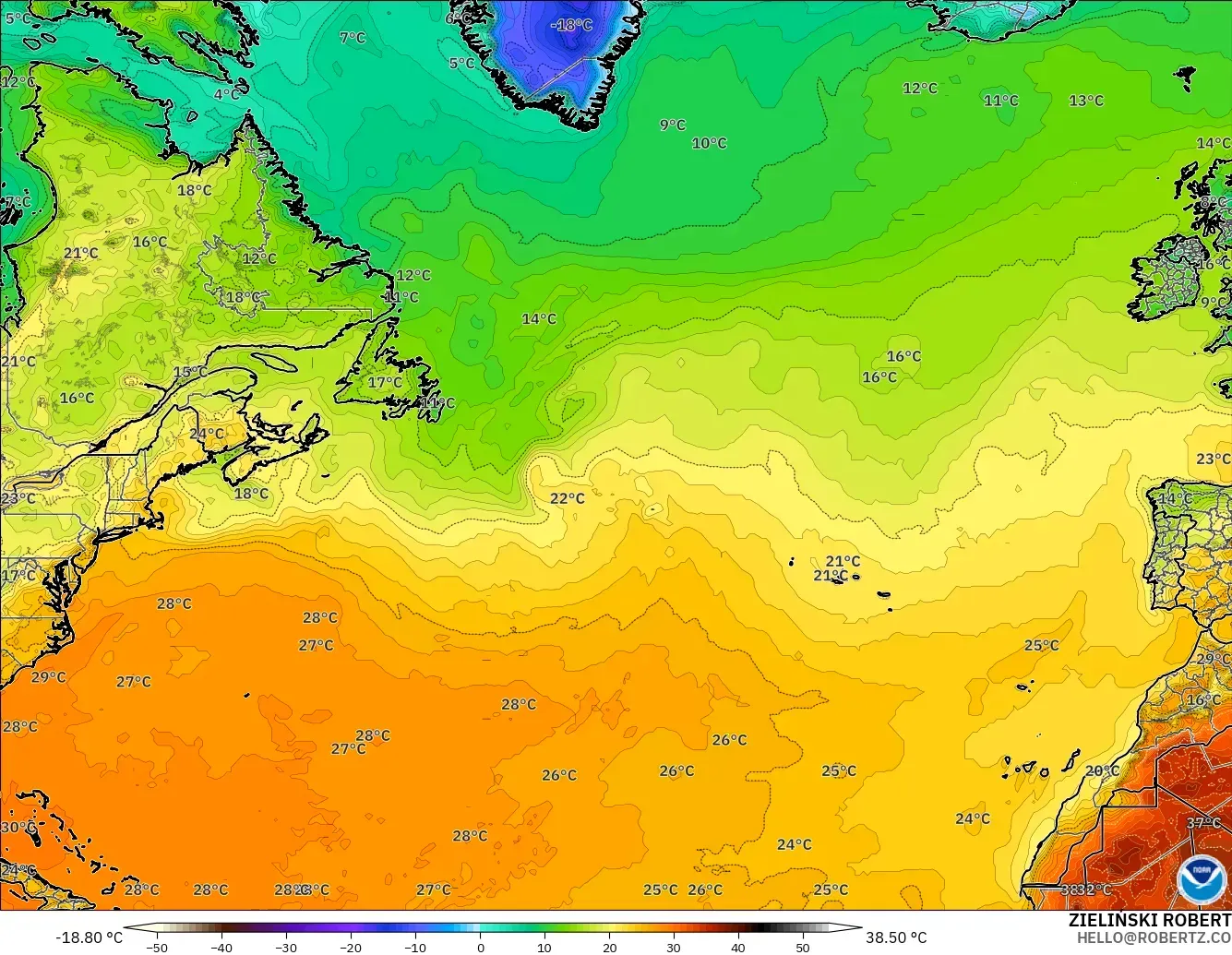 GFS modelo - Norte Atlántico, Temperatura a 2 m