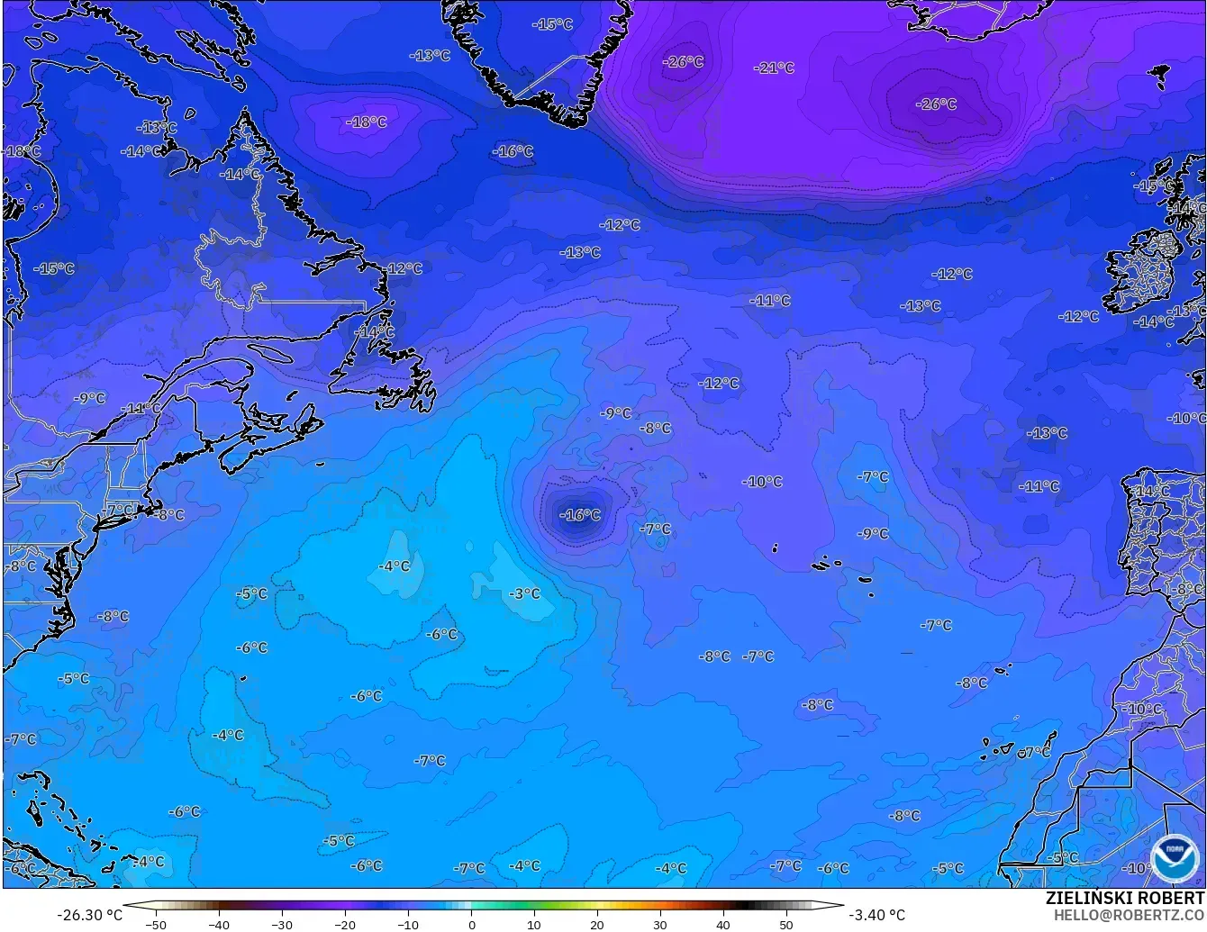 GFS modelo - Norte Atlántico, Temperatura a 500 hPa