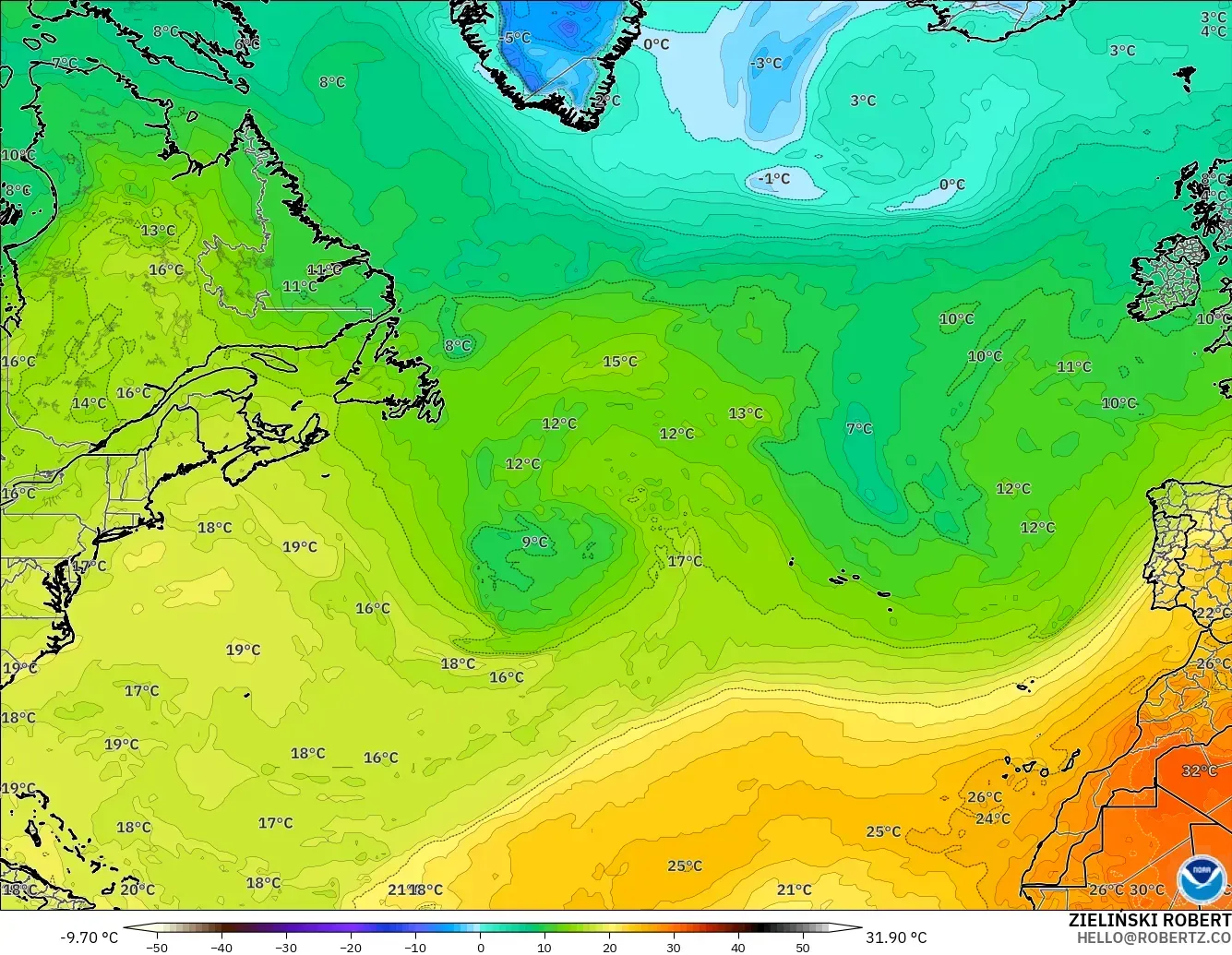 GFS modelo - Norte Atlántico, Temperatura a 850 hPa